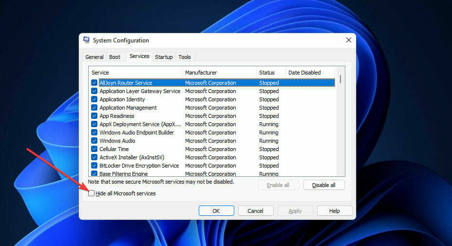 Piilota kaikki Microsoft-palvelut -valintaruutu 0x80070643 Windows 11