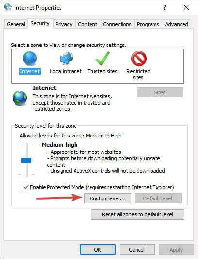 Параметри безпеки властивостей Інтернету та кнопка нестандартного рівня - браузер не підтримує фрейми