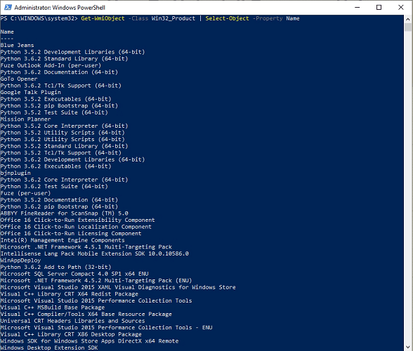 todos os aplicativos listados no PowerShell