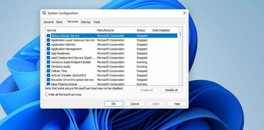 Dienste auf der Registerkarte Dienste zum Deaktivieren von Windows 11