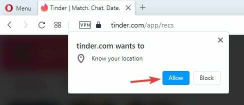 Permitir la ubicación de Tinder Navegador de Tinder