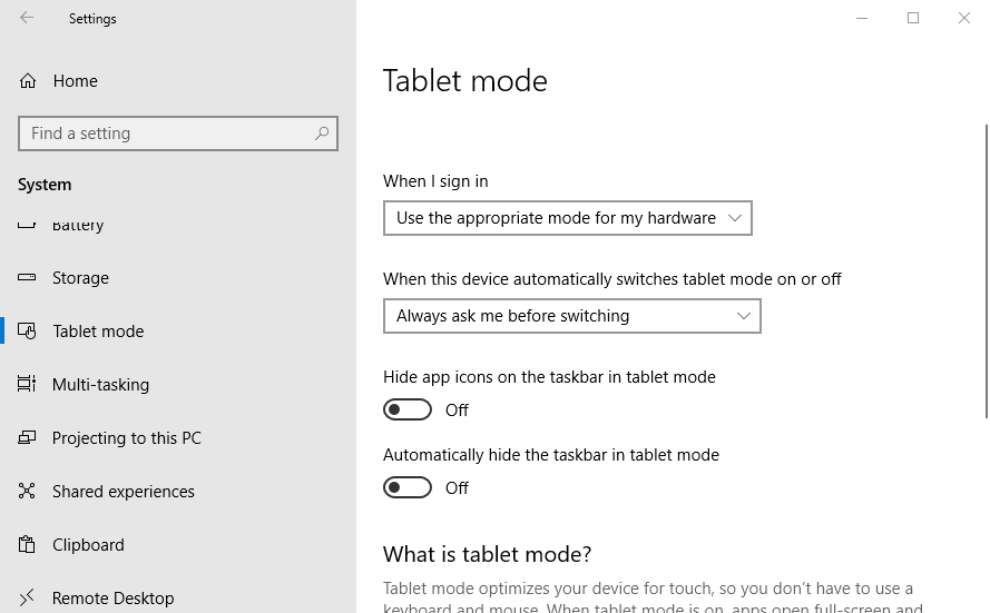 Tablet-Modus-Optionen zum Wiederherstellen der Symbolleiste in Windows 10