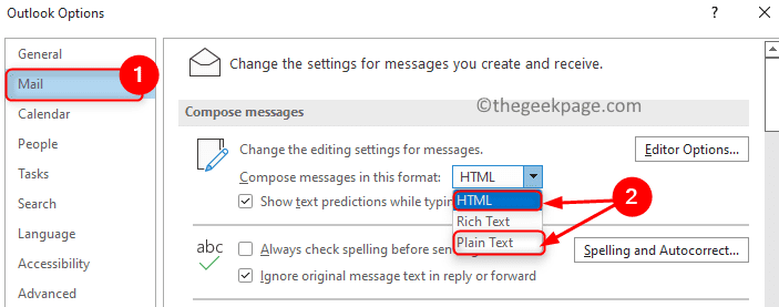 خيارات Outlook البريد يؤلف الرسائل بتنسيق نص عادي Html دقيقة