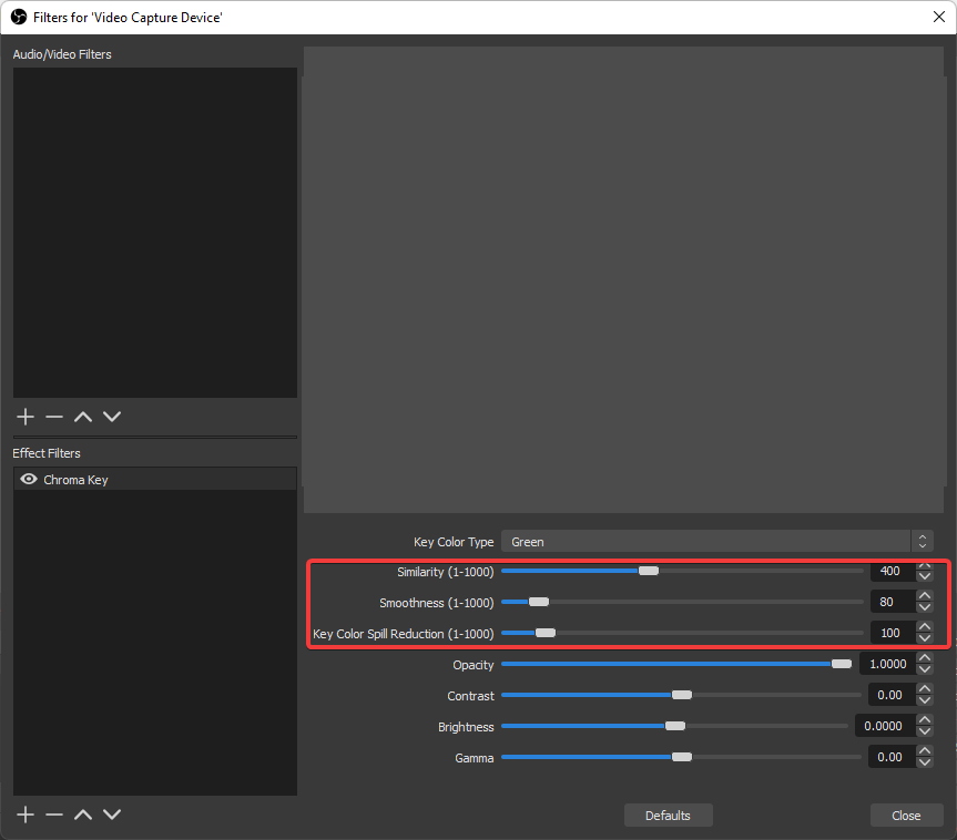  sujuvus ja muud suvandid chroma key sätetes