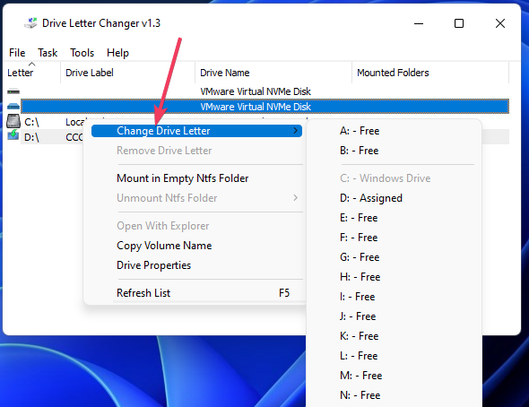 Opțiunea de schimbare a literei de unitate de schimbare a literei de unitate Windows 11