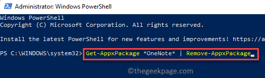 Windows Powershell (järjestelmänvalvoja) Suorita komento poistaaksesi Onenote Enter