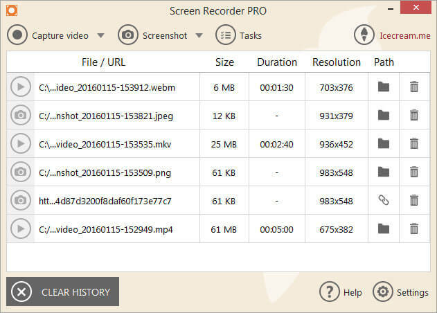 أين يتم حفظ لقطات الشاشة الخاصة بي؟ تاريخ المشروع في Icecream Screen Recorder