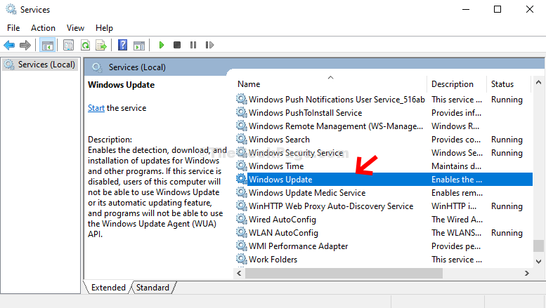 Teenuste nimi Windows Update topeltklõpsake
