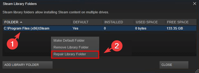 napraw bibliotekę folderów Błąd uprawnień Steam