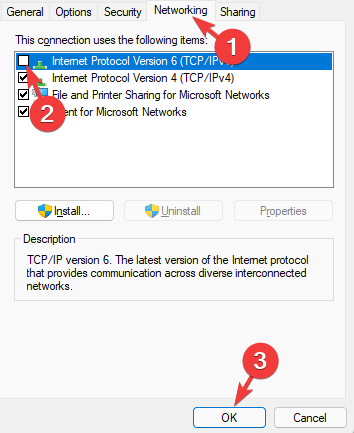 VPN ypatybių skirtuke Tinklas išjunkite interneto protokolo 6 versiją (TCPIPv6)