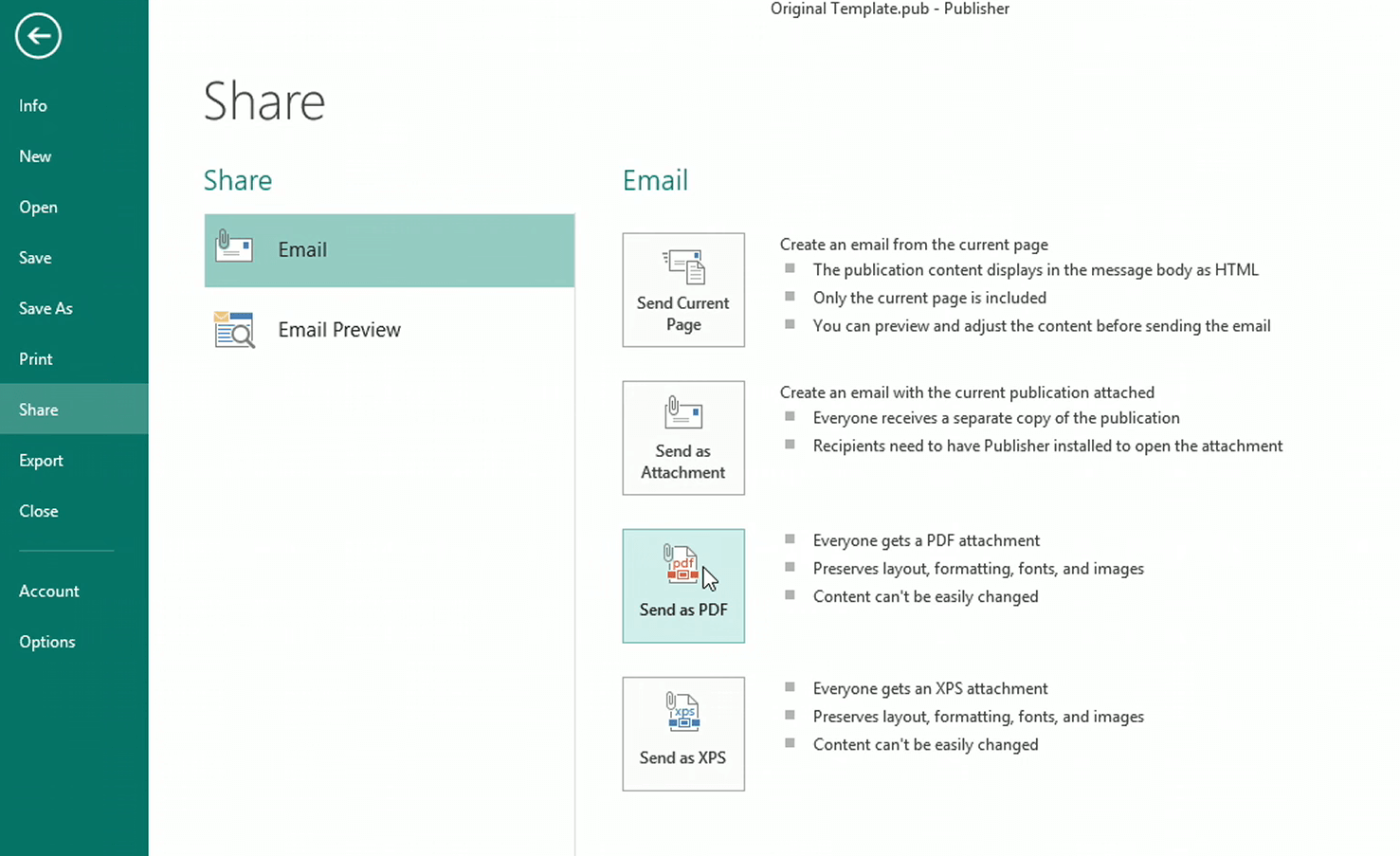 Send som PDF-knappen Microsoft Publisher vil ikke sende e-post