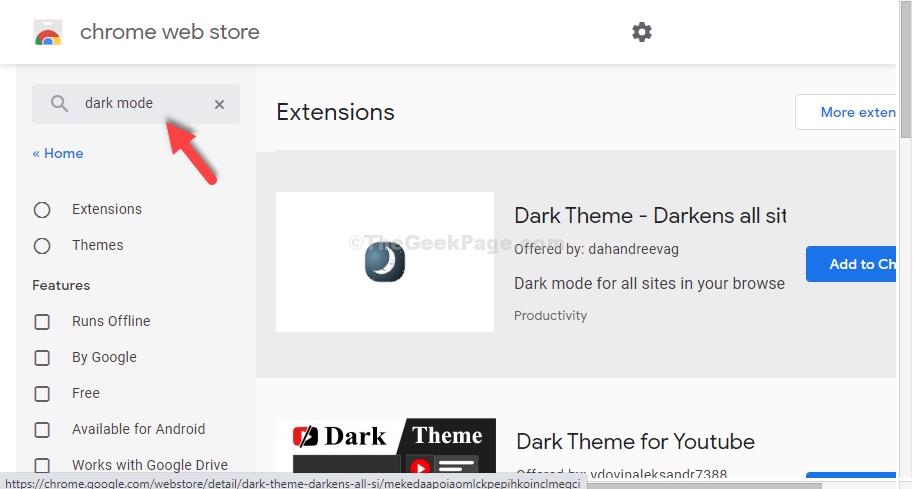 Vyhledávání v internetovém obchodě Chrome pro tmavý režim