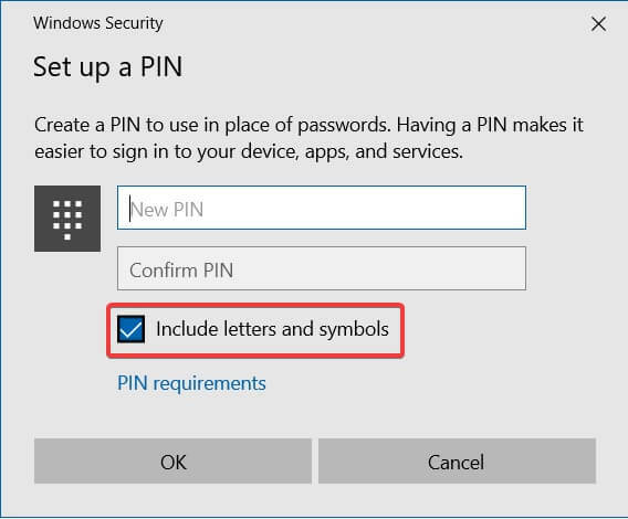 tartalmazza a betűket és szimbólumokat, állítson be egy PIN-kódot a Windows 10-ben, amelyben egy tű beállítását kéri
