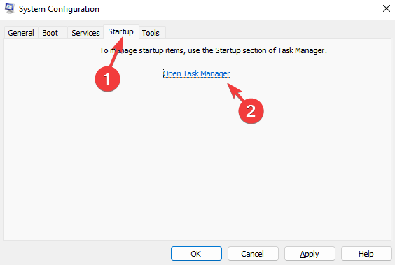 Avage Task Manager süsteemi konfiguratsiooni vahekaardil Startup