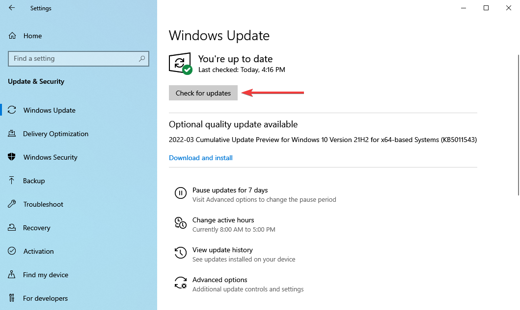 Sök efter uppdateringar för att fixa Windows kontrollpanel odbc