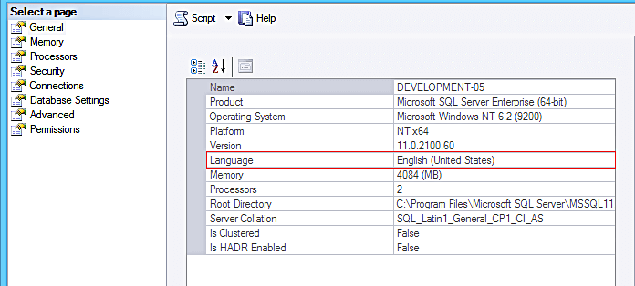 установить язык SQL Server Query Execution Failed For Dataset