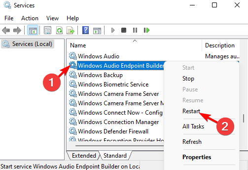 restartējiet programmu Windows Audio Endpoint Builder