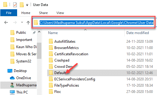File Explorer Siirry Google Chromen käyttäjätietojen oletusasetuksiin