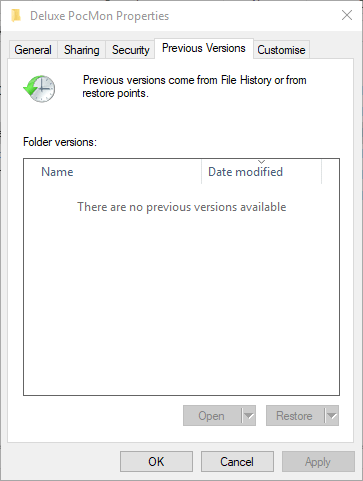 Aiemmat versiot -välilehti poistettujen pelien palauttamiseksi Windows 10: ssä