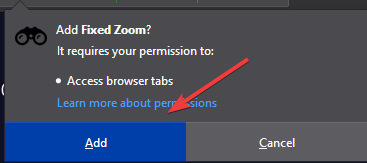 Aggiungi estensione al pulsante di aggiunta di Firefox - il browser non si adatta alla finestra