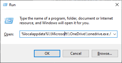 Kør dialog med kommando - OneDrive-fejl 0x8004de40
