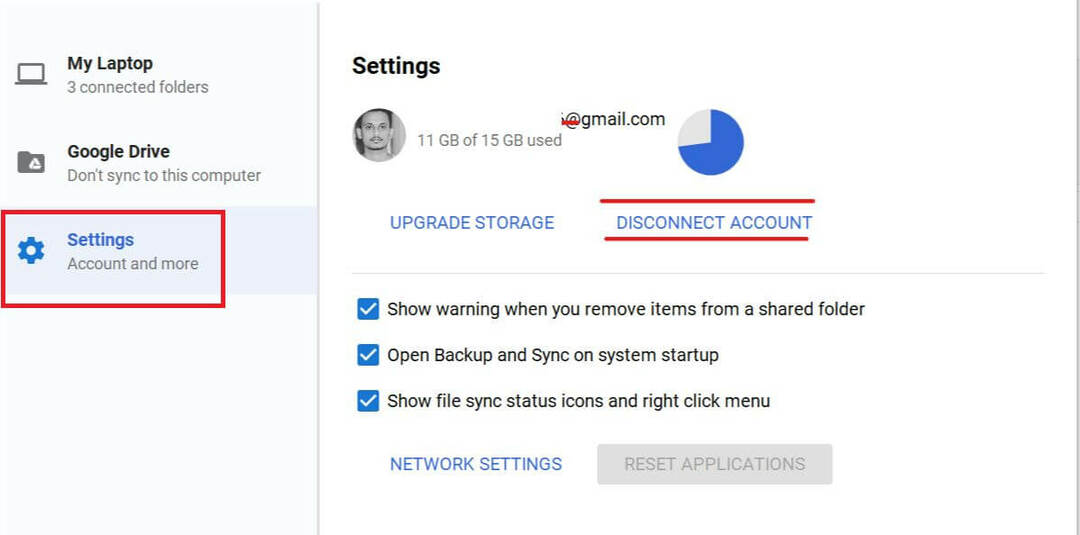 Backup and Sync stürzt ab Backup and Sync Google Drive-Einstellungen Konto trennen
