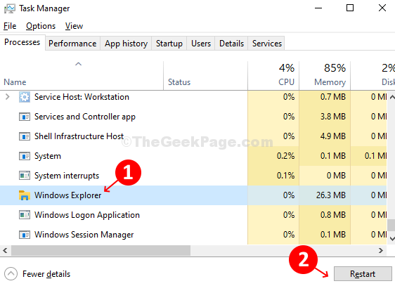 Užduočių tvarkyklė apdoroja „Windows Explorer“ paleisti iš naujo