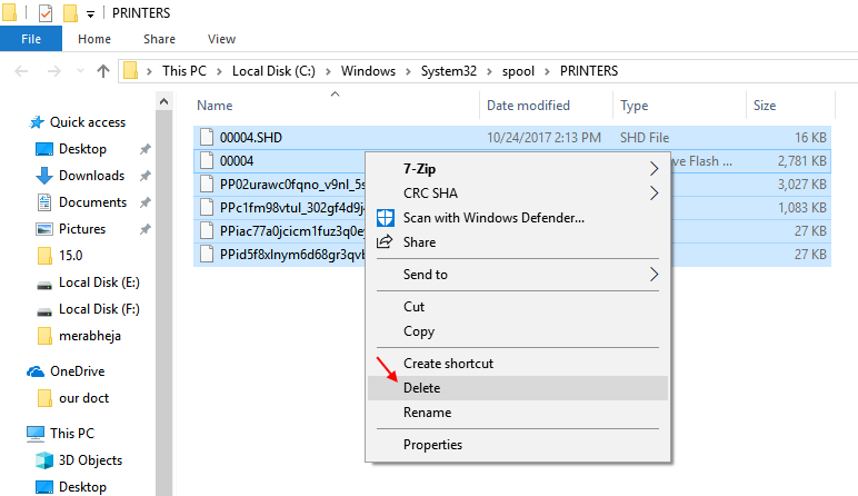 Slet Spool Print Files Windows 10-mappe