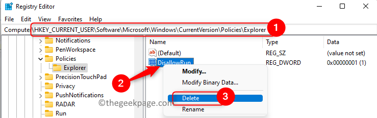 Rekisteri Microsoft Windows -käytännöt Explorer Poista merkintä Disallowrun Min