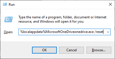 Kør dialogboksen med reset-kommando - OneDrive-fejl 0x8004ded7