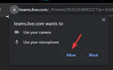 Permiteți accesul la cameră și microfon - Alăturați-vă întâlnirii Microsoft Teams fără un cont 