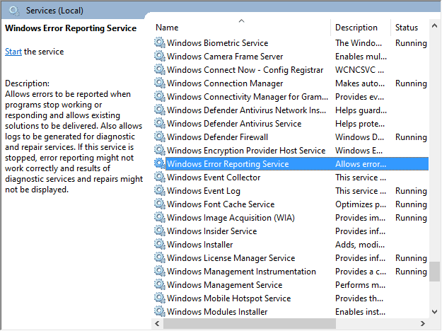 บริการรายงานข้อผิดพลาดของ Windows - WerFault.exe windows 10