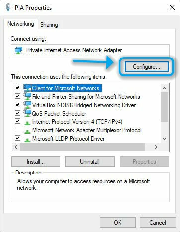 Butonul Configurare adaptor VPN