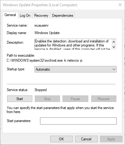 služba Windows Update Properties