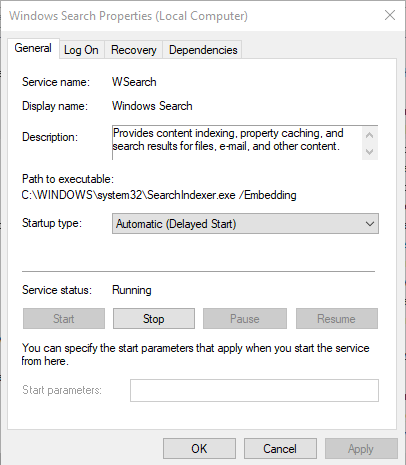 Windows Search Properties Fenster Activatewindowssearch verlangsamt den Computer