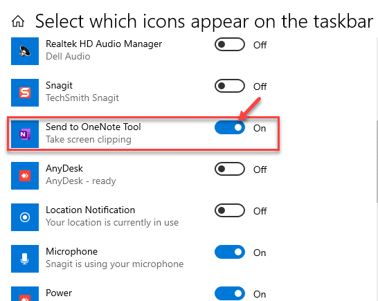 Vælg hvilke ikoner der vises på proceslinjen Send til Oennote-værktøj Slå til