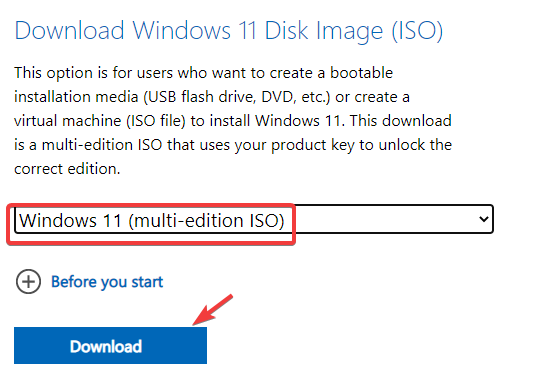 Wählen Sie Windows 11 (Multi-Edition-ISO) – zum Herunterladen klicken