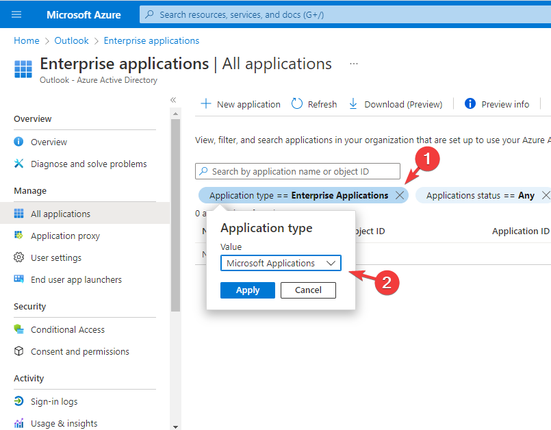 აირჩიეთ Microsoft Applications აპლიკაციების ტიპის ველიდან