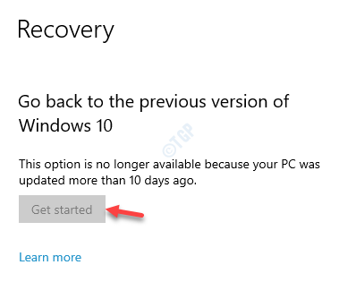 Atgūšana Atgriezieties iepriekšējā Windows 10 versijā, sāciet darbu