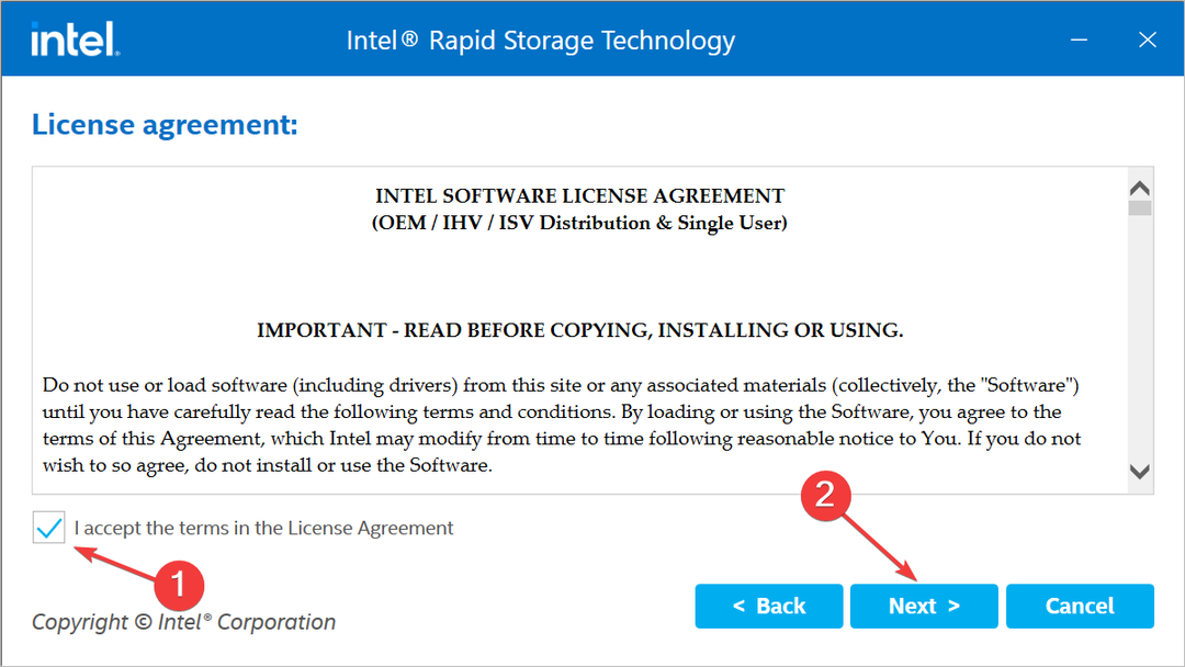 acepte los términos para descargar el controlador de la tecnología Intel Rapid Storage