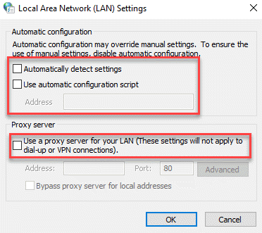 LAN-Einstellungen Automatische Konfiguration Proxy-Server Deaktivieren Sie Ok