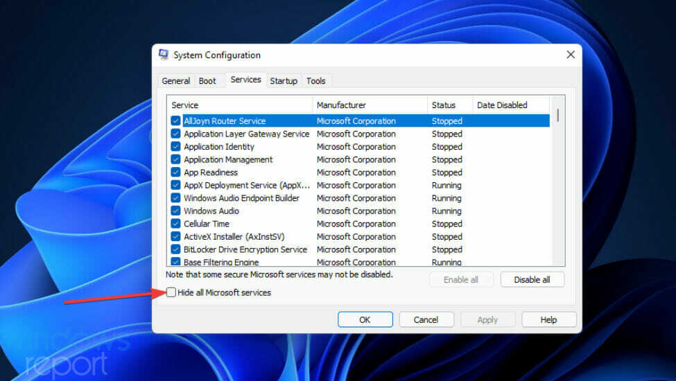 La casella di controllo Nascondi tutti i servizi Microsoft 