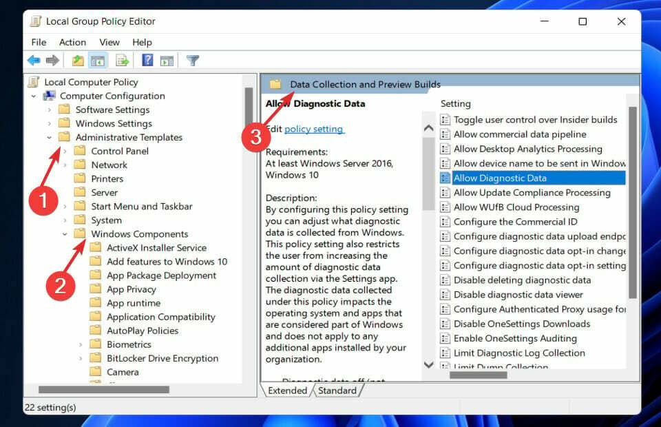 andmete kogumise keelamine Windows 11 telemeetria