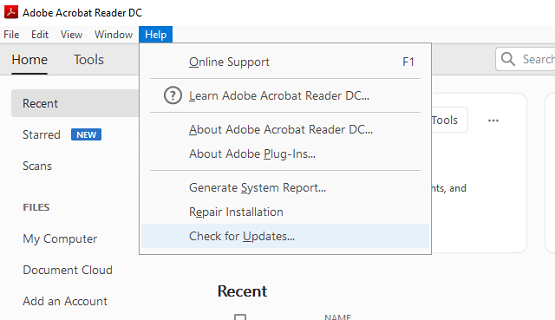 Güncellemeleri Kontrol Et seçeneği Adobe Reader Hatası 110