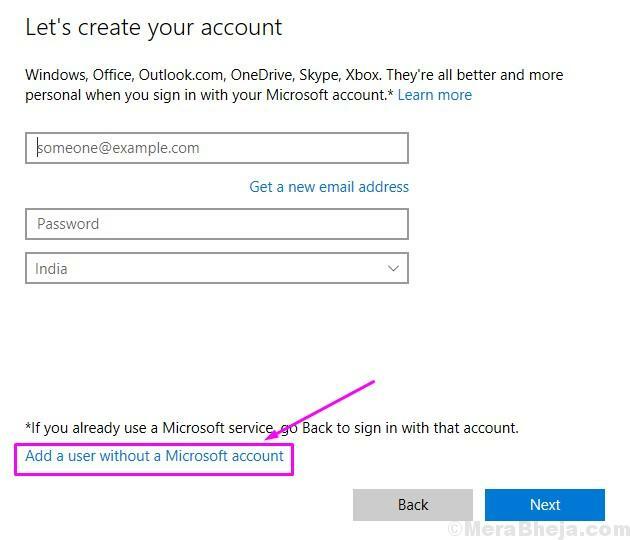 Microsoft खाते के बिना एक उपयोगकर्ता जोड़ें
