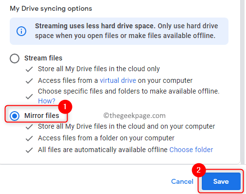 Google Drive-ის პარამეტრები Mirror Files Min
