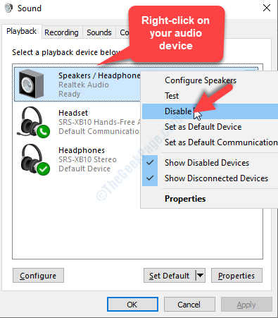 Atlasiet Audio Device Ar peles labo pogu noklikšķiniet uz Atspējot