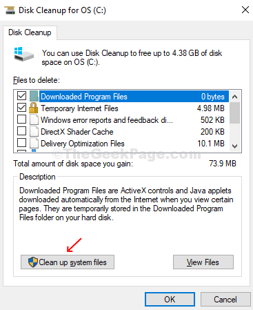 У прозору за чишћење диска кликните на „Чишћење системских датотека“