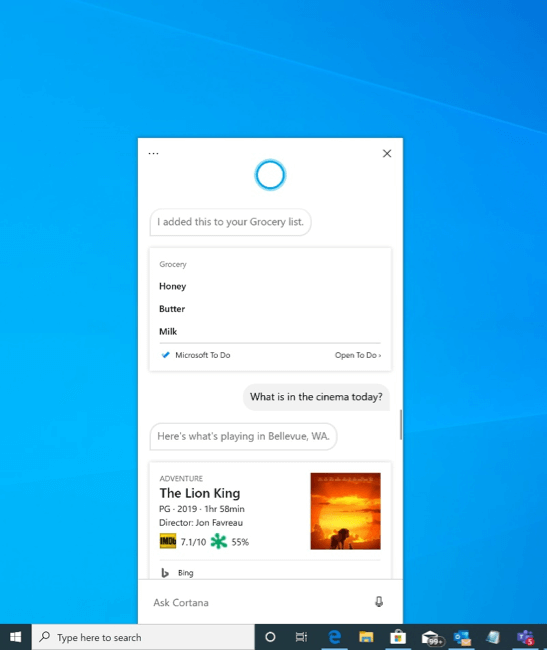 чат cortana windows 10 20h1