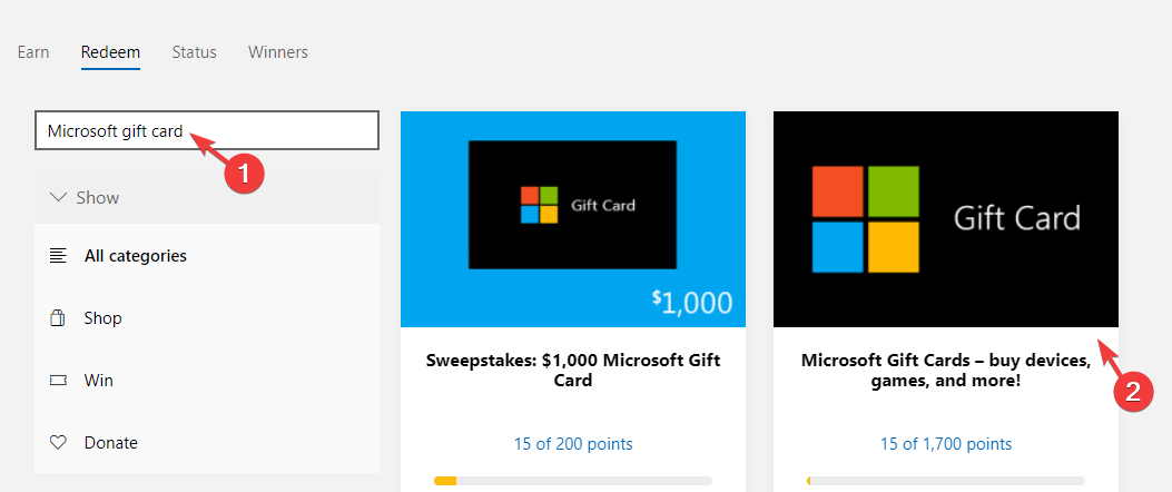 Ieškokite „Microsoft“ dovanų kortelės ir spustelėkite, kad atidarytumėte